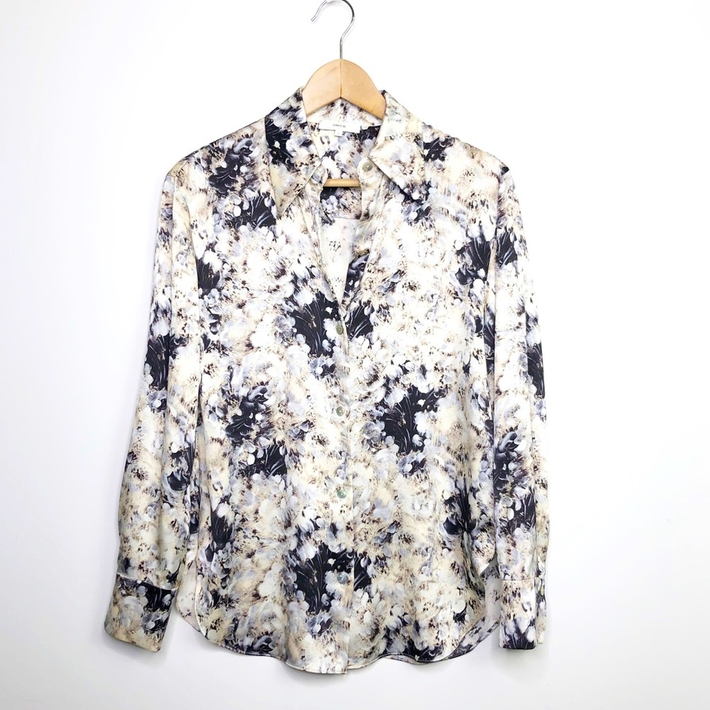 VINCE floral, painted crema print silk button down shirt